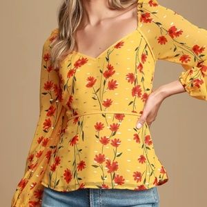 Lulu's Mustard Yellow Floral Peplum Top